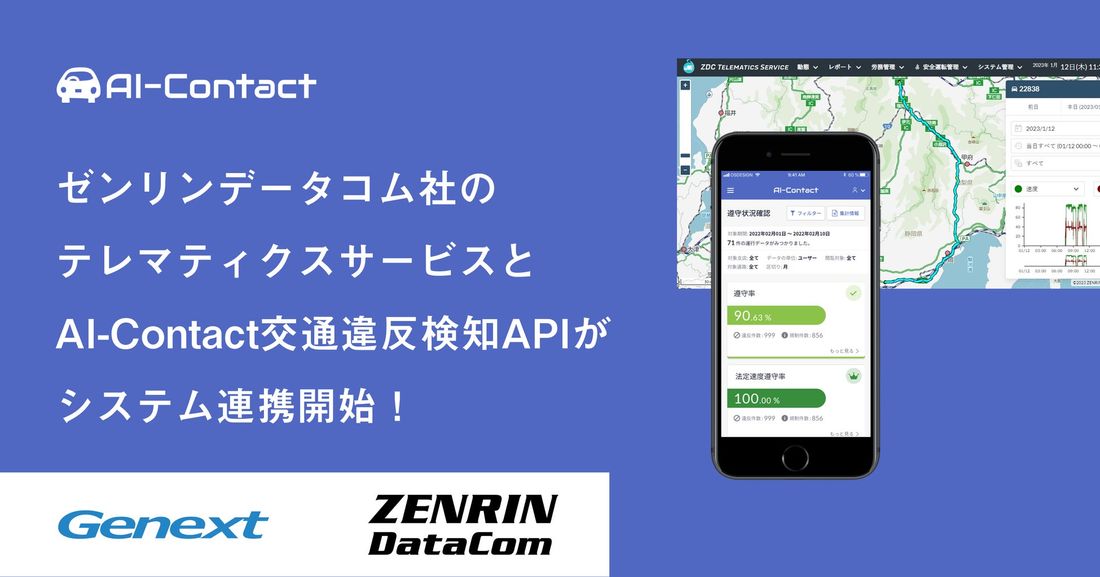 ゼンリンデータコムのテレマティクスサービスとジェネクストの「AI-Contact」交通違反検知機能がシステム連携を開始！