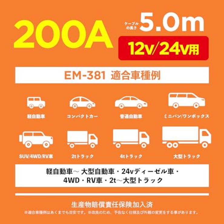 車用バッテリーブースターケーブル 12/24V 200A 5.0m EM-381