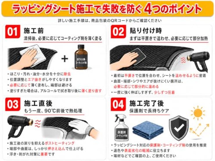 施工ガイド付き ラッピングシート 艶あり (ブラック, 152×35cm)